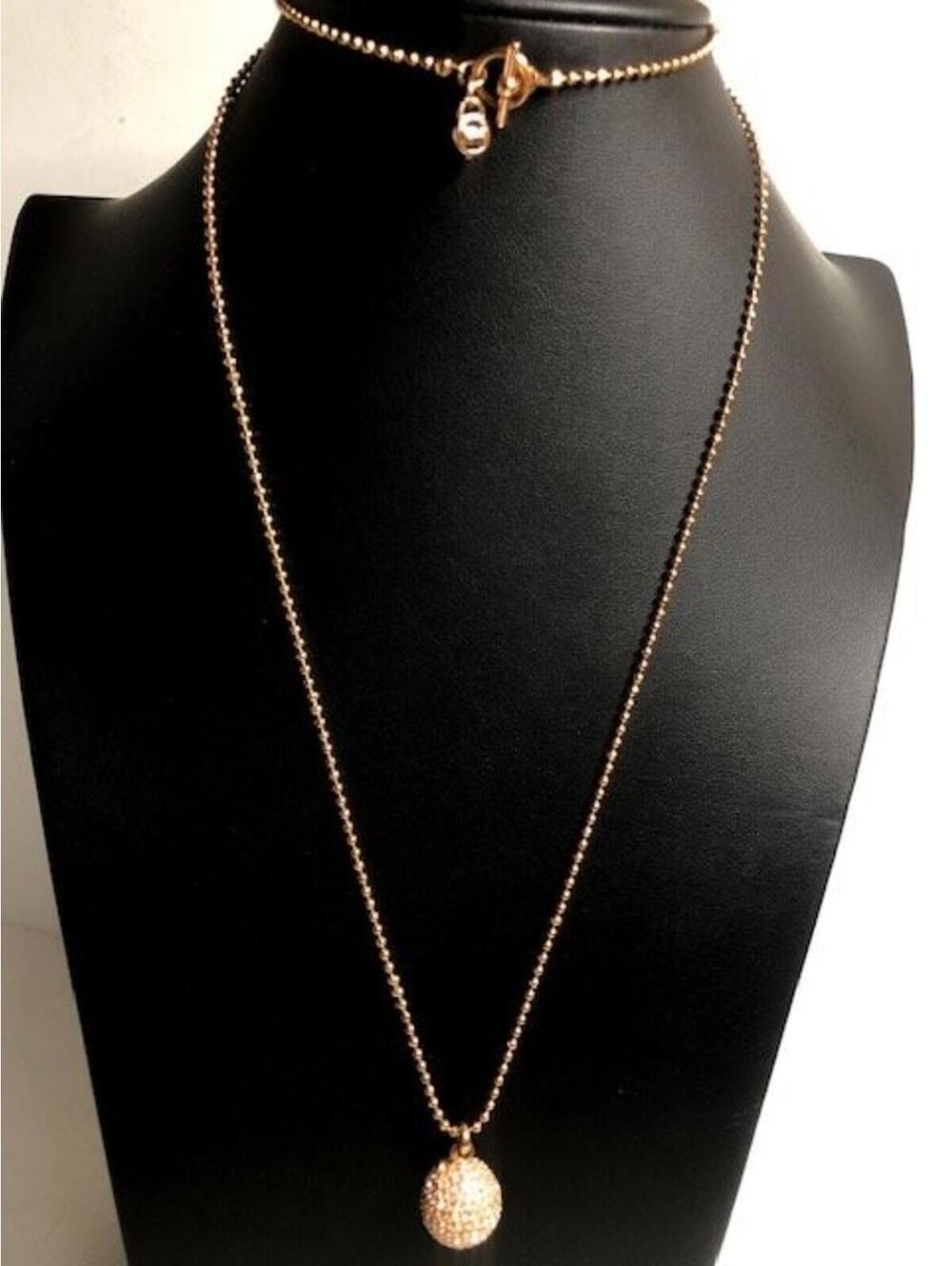 B0351 Michael Kors Crystal Pave Ball Sphere Pendant Necklace 30 Inch Rose Tone